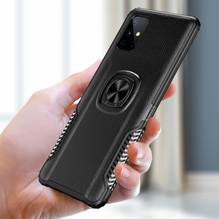 For Samsung Galaxy M51 Litchi Texture Knight Armor Shockproof PC + Silicone Case with 360 Degree Rotation Magnetic Ring Holder