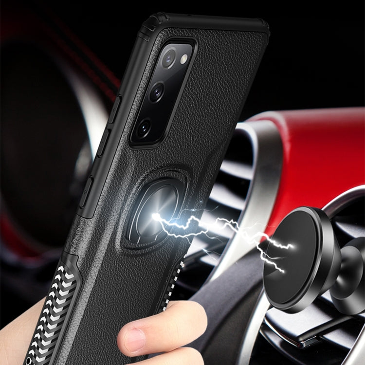 For Samsung Galaxy S20 FE Litchi Texture Knight Armor Shockproof PC + Silicone Case with 360 Degree Rotation Magnetic Ring Holder