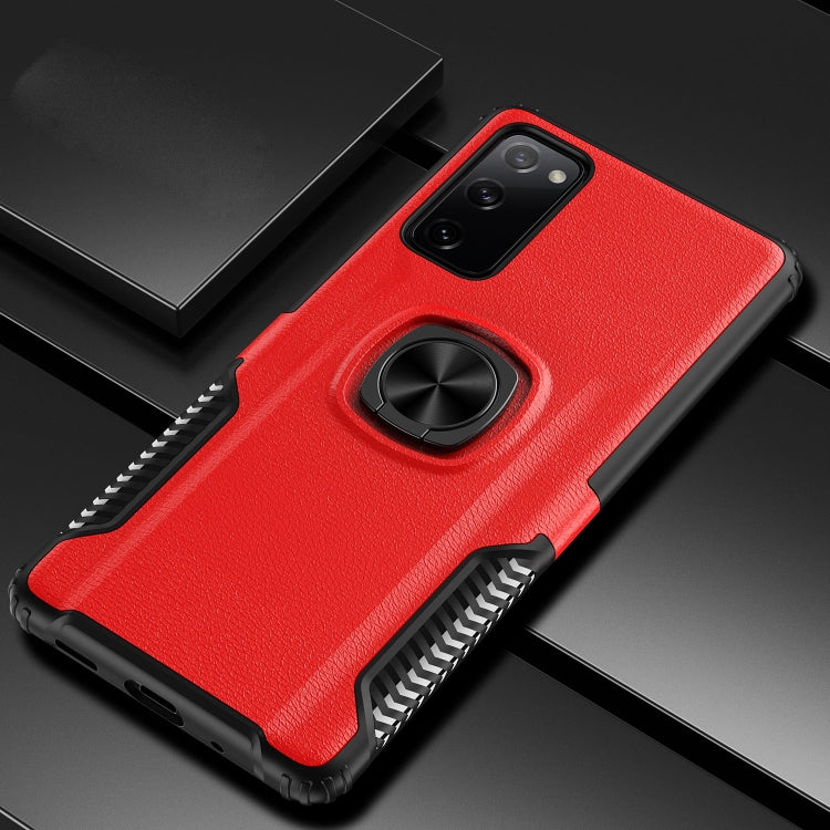 For Samsung Galaxy S20 FE Litchi Texture Knight Armor Shockproof PC + Silicone Case with 360 Degree Rotation Magnetic Ring Holder