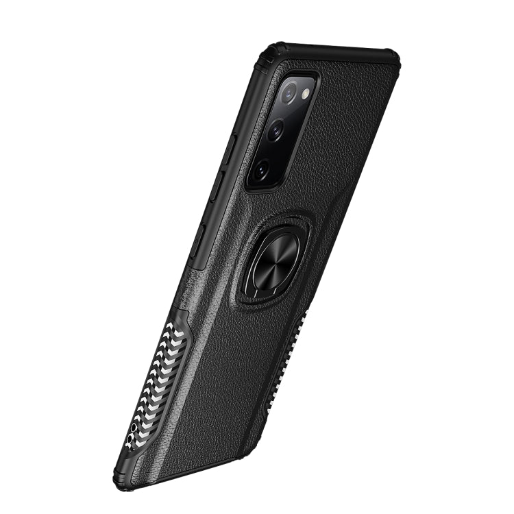 For Samsung Galaxy S20 FE Litchi Texture Knight Armor Shockproof PC + Silicone Case with 360 Degree Rotation Magnetic Ring Holder