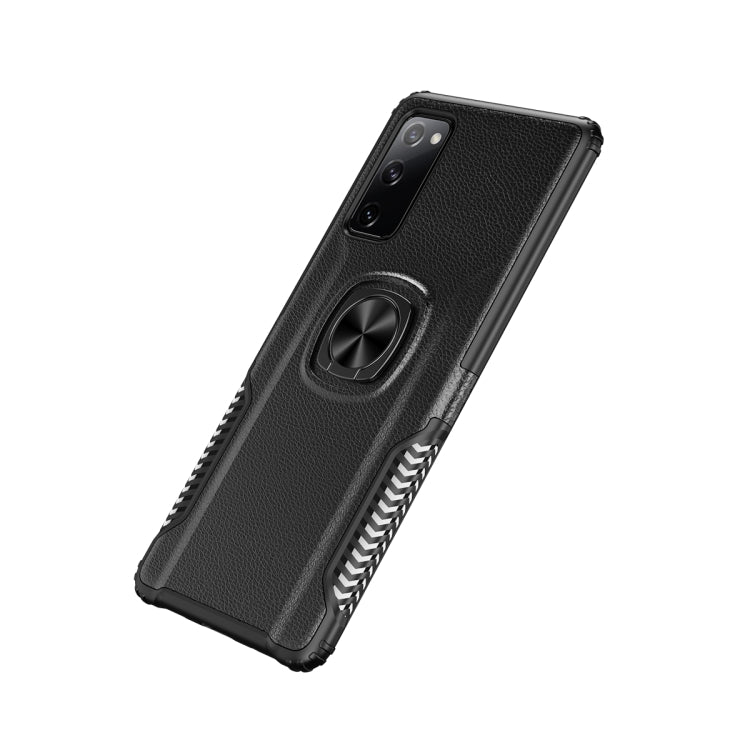For Samsung Galaxy S20 FE Litchi Texture Knight Armor Shockproof PC + Silicone Case with 360 Degree Rotation Magnetic Ring Holder