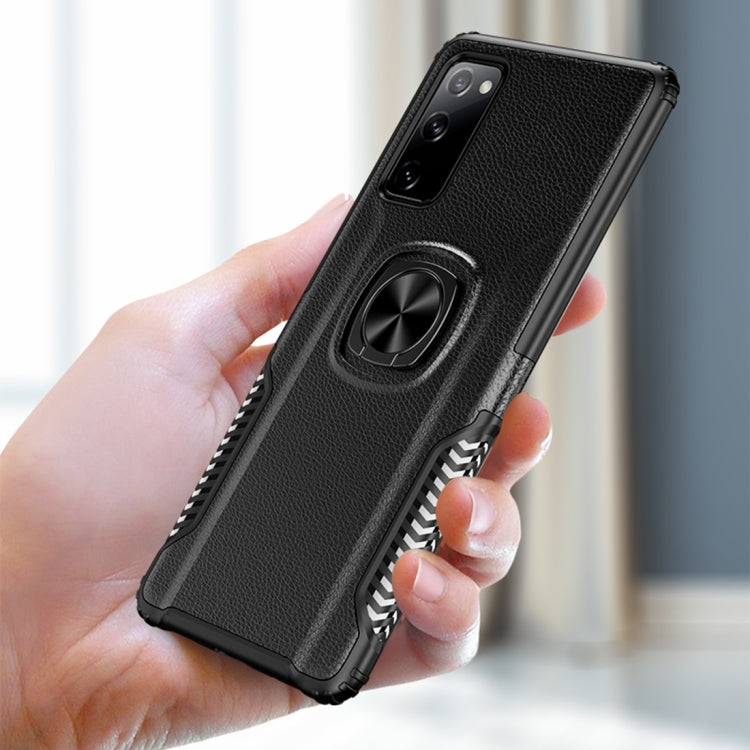 For Samsung Galaxy S20 FE Litchi Texture Knight Armor Shockproof PC + Silicone Case with 360 Degree Rotation Magnetic Ring Holder