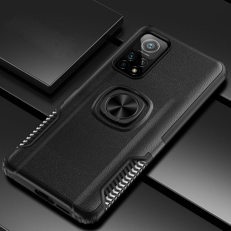 For Xiaomi Mi 10T 5G Litchi Texture Knight Armor Shockproof PC + Silicone Case with 360 Degree Rotation Magnetic Ring Holder