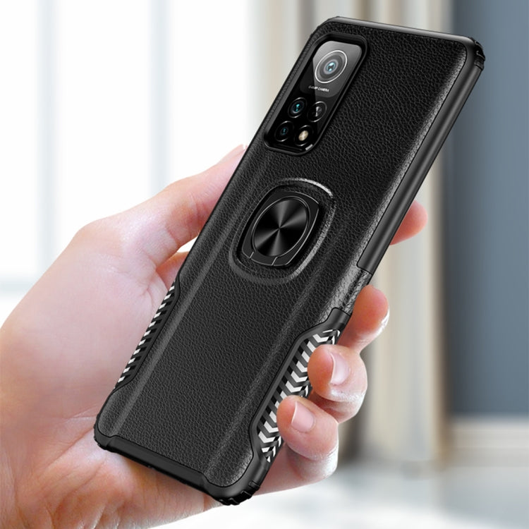 For Xiaomi Mi 10T 5G Litchi Texture Knight Armor Shockproof PC + Silicone Case with 360 Degree Rotation Magnetic Ring Holder