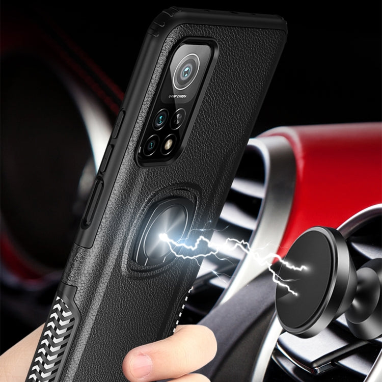 For Xiaomi Mi 10T 5G Litchi Texture Knight Armor Shockproof PC + Silicone Case with 360 Degree Rotation Magnetic Ring Holder