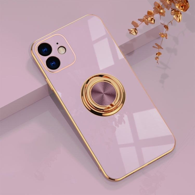 For iPhone 12 6D Electroplating Full Coverage Silicone Protective Case with Magnetic Ring Holder