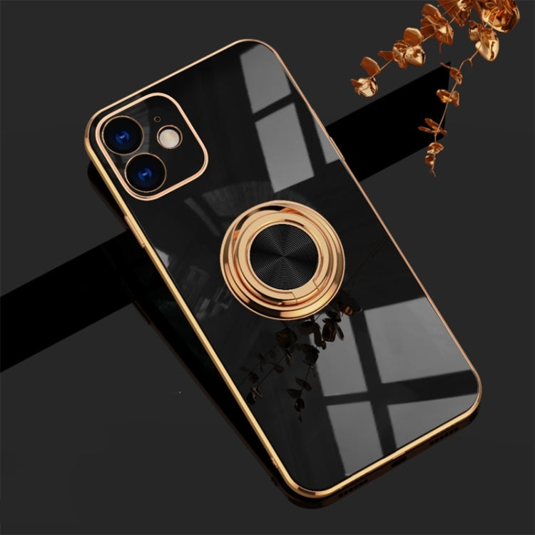 For iPhone 12 6D Electroplating Full Coverage Silicone Protective Case with Magnetic Ring Holder