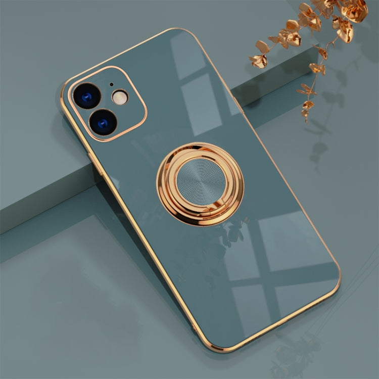 For iPhone 12 6D Electroplating Full Coverage Silicone Protective Case with Magnetic Ring Holder