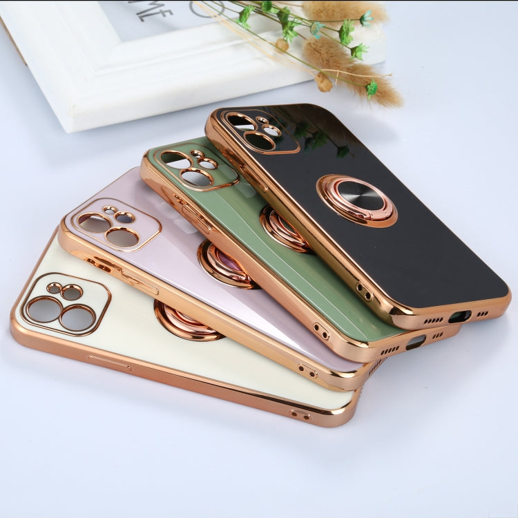 For iPhone 12 6D Electroplating Full Coverage Silicone Protective Case with Magnetic Ring Holder