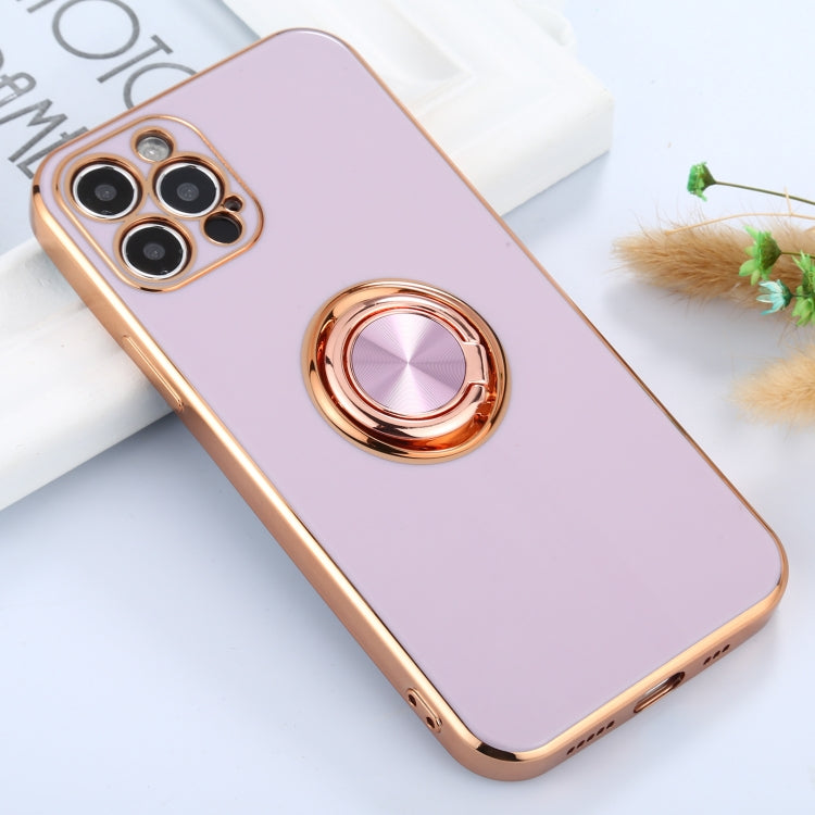 For iPhone 12 Pro 6D Electroplating Full Coverage Silicone Protective Case with Magnetic Ring Holder