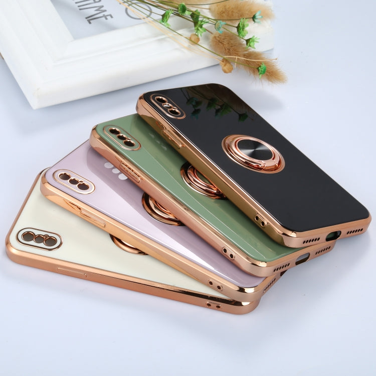 For iPhone X / XS 6D Electroplating Full Coverage Silicone Protective Case with Magnetic Ring Holder