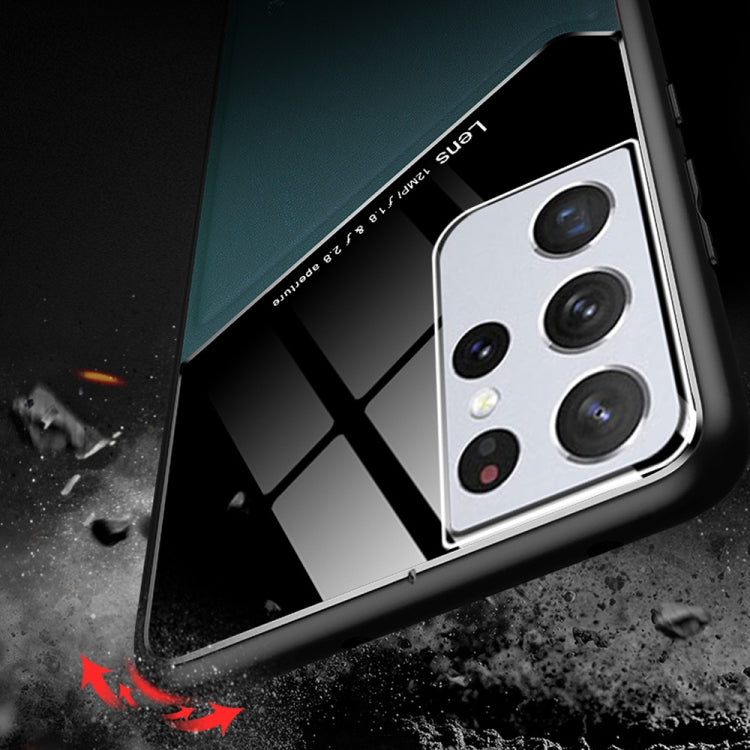 For Samsung Galaxy S21 Ultra 5G All-inclusive Leather + Organic Glass Protective Case with Metal Iron Sheet