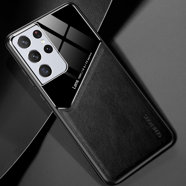For Samsung Galaxy S21 Ultra 5G All-inclusive Leather + Organic Glass Protective Case with Metal Iron Sheet