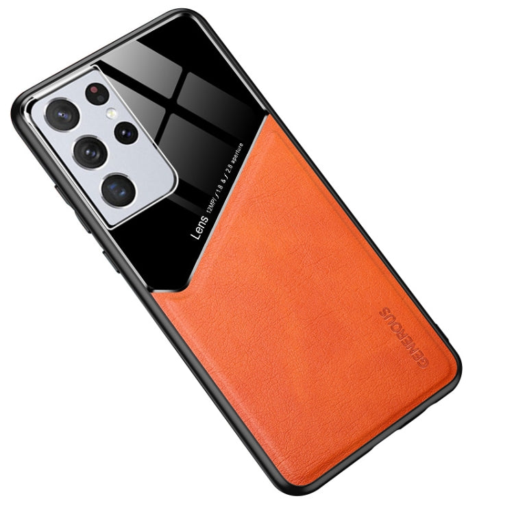 For Samsung Galaxy S21 Ultra 5G All-inclusive Leather + Organic Glass Protective Case with Metal Iron Sheet