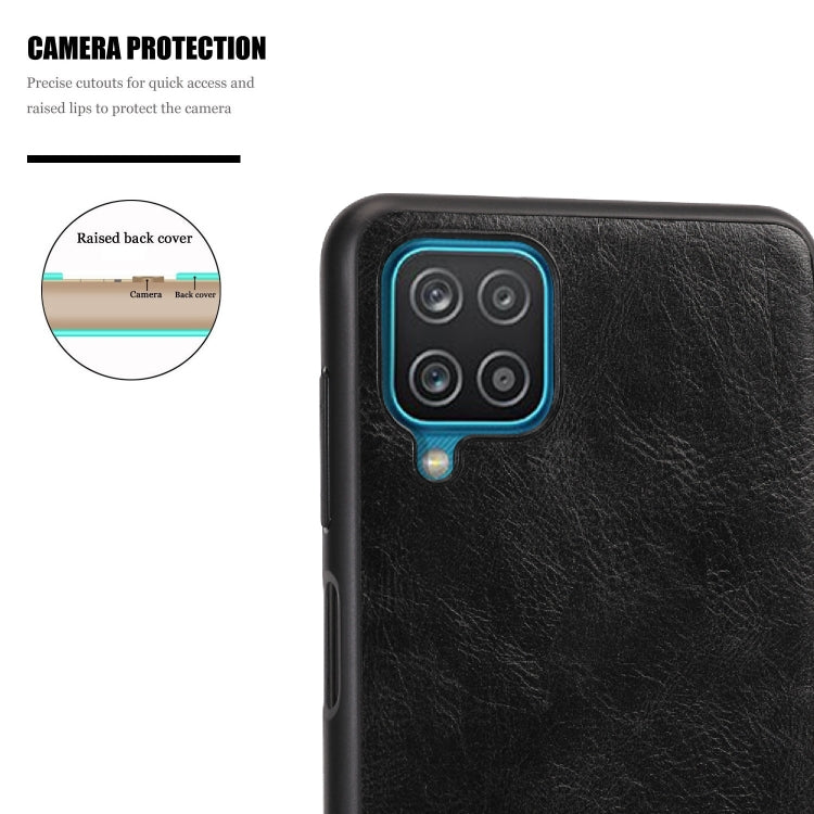 For Samsung Galaxy A12 Crazy Horse Textured Calfskin PU + PC + TPU Case