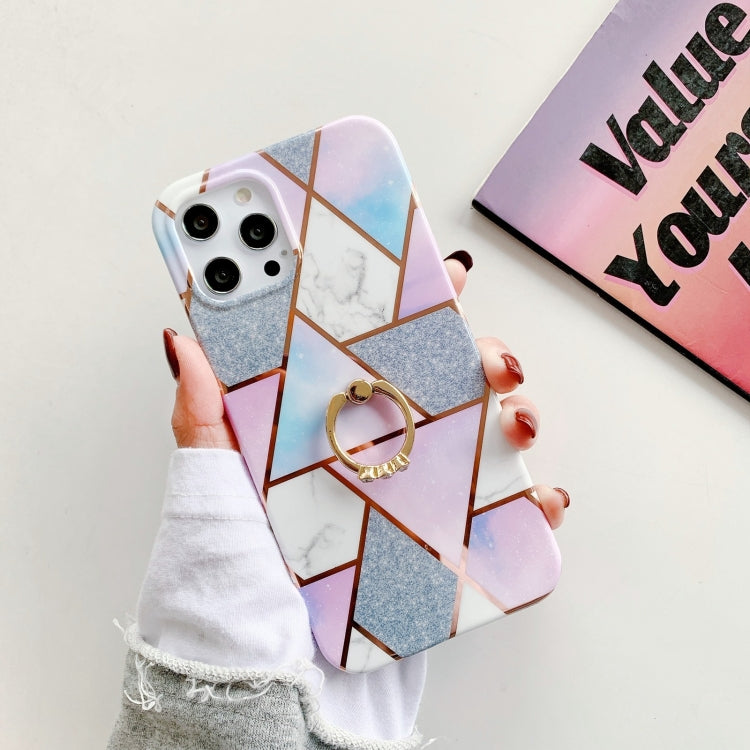 For iPhone 12 Pro Colorful Marble Pattern Protective Case with Ring Holder