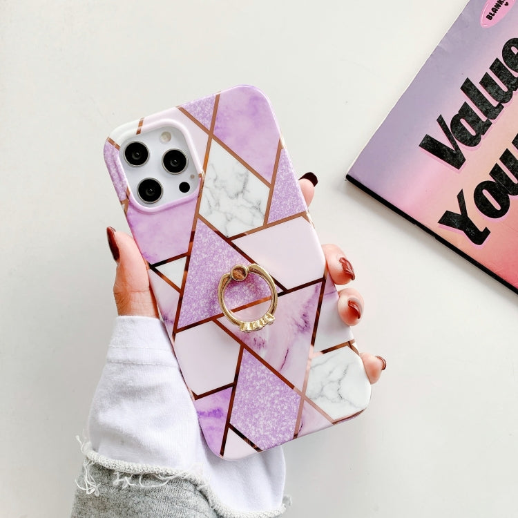 For iPhone 12 Pro Colorful Marble Pattern Protective Case with Ring Holder