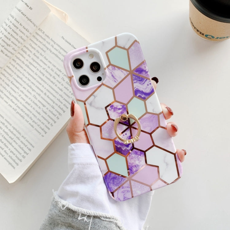For iPhone 12 Colorful Marble Pattern Protective Case with Ring Holder