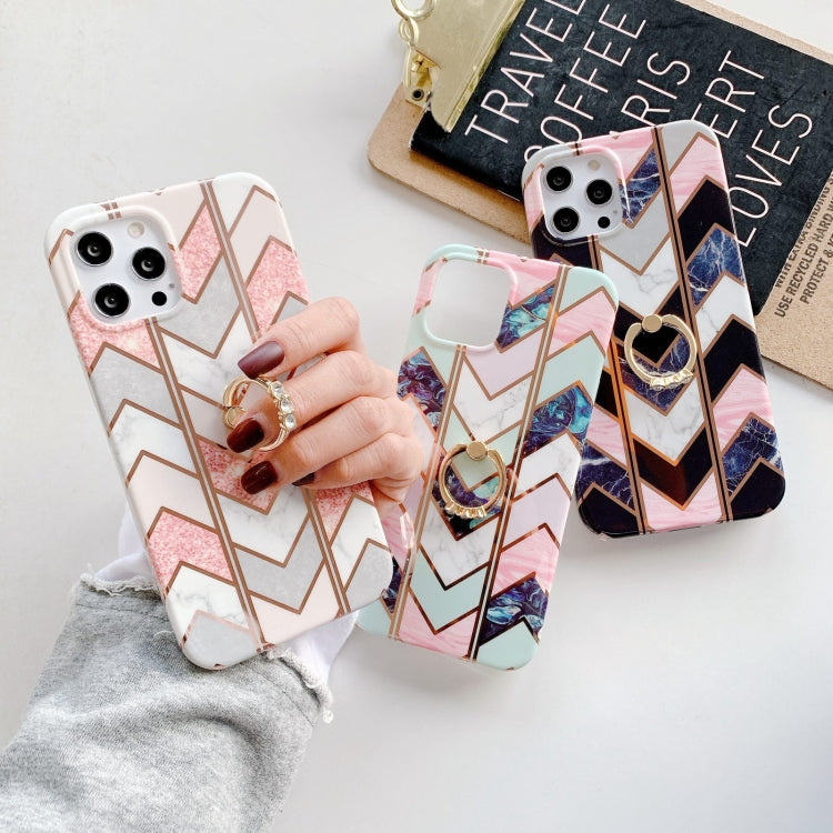For iPhone 12 Colorful Marble Pattern Protective Case with Ring Holder
