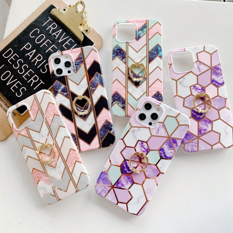 For iPhone 12 Pro Colorful Marble Pattern Protective Case with Ring Holder