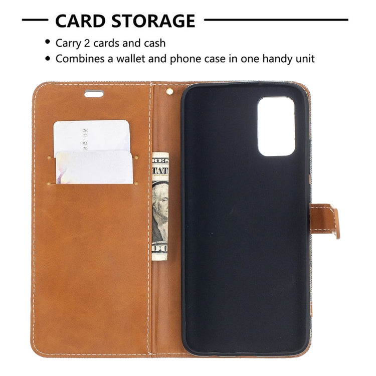 For Samsung Galaxy A02s (EU Version) Color Matching Denim Texture Horizontal Flip Leather Case with Holder & Card Slots & Wallet & Lanyard