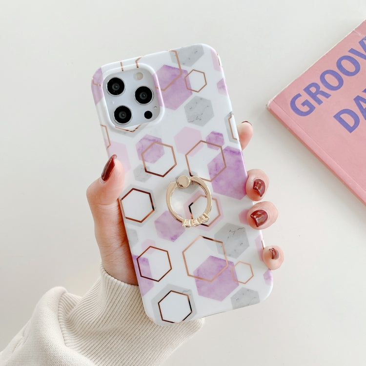 For iPhone 12 Colorful Marble Pattern Protective Case with Ring Holder
