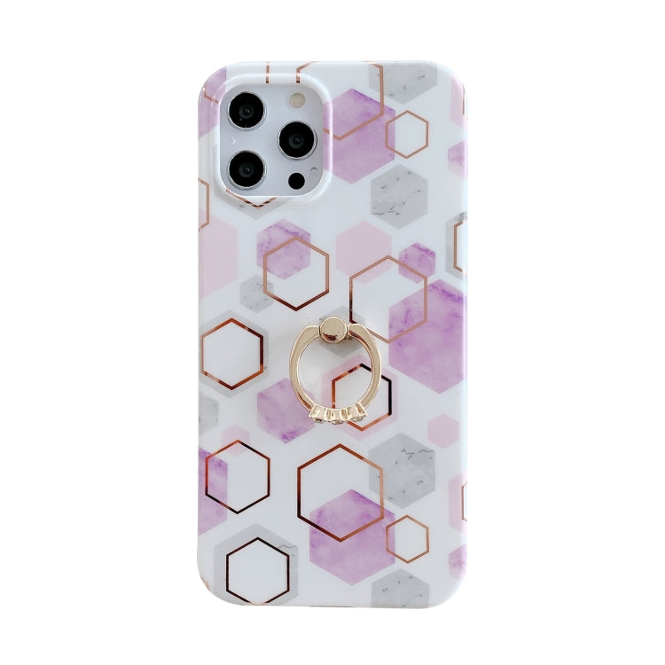 For iPhone 12 Pro Colorful Marble Pattern Protective Case with Ring Holder