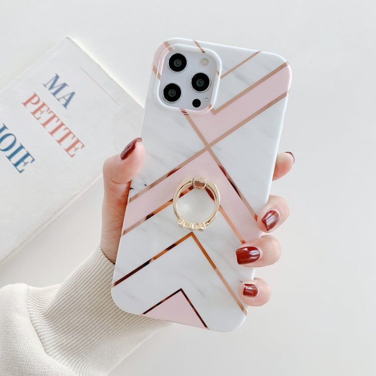 For iPhone 12 Colorful Marble Pattern Protective Case with Ring Holder