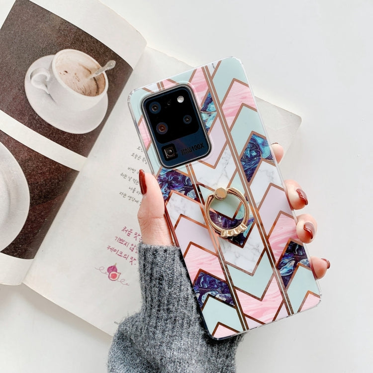 For Samsung Galaxy S21 5G Colorful Marble Pattern Protective Case with Ring Holder