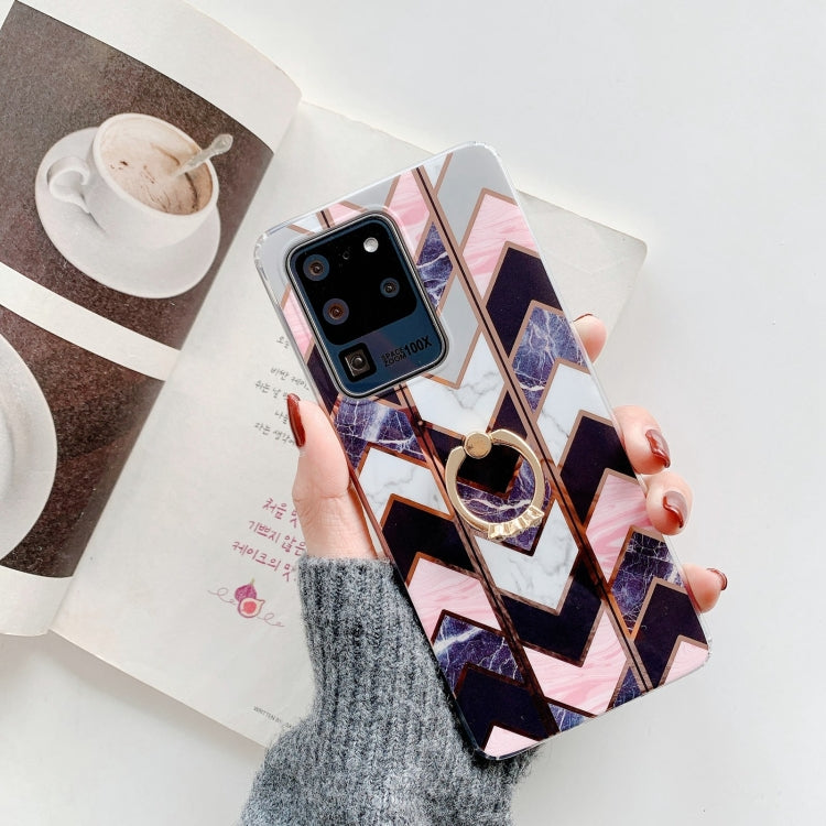 For Samsung Galaxy S21 Ultra 5G Colorful Marble Pattern Protective Case with Ring Holder