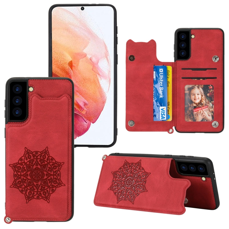 For Samsung Galaxy S21 5G Mandala Embossed PU + TPU Case with Holder & Card Slots & Photo Frame & Strap