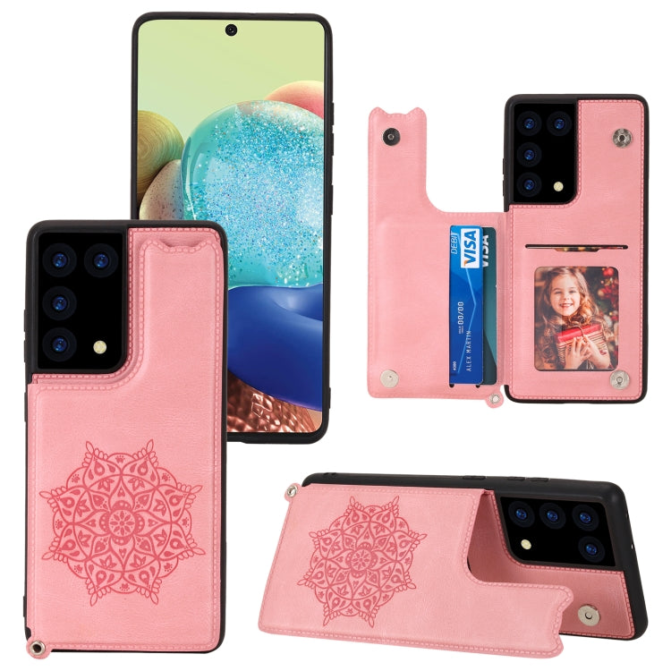 For Samsung Galaxy S21 Ultra 5G Mandala Embossed PU + TPU Case with Holder & Card Slots & Photo Frame & Strap