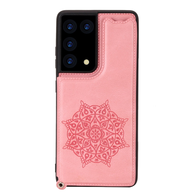 For Samsung Galaxy S21 Ultra 5G Mandala Embossed PU + TPU Case with Holder & Card Slots & Photo Frame & Strap