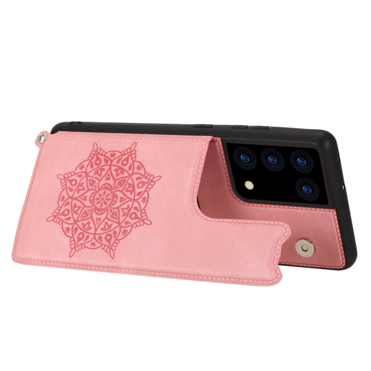 For Samsung Galaxy S21 Ultra 5G Mandala Embossed PU + TPU Case with Holder & Card Slots & Photo Frame & Strap