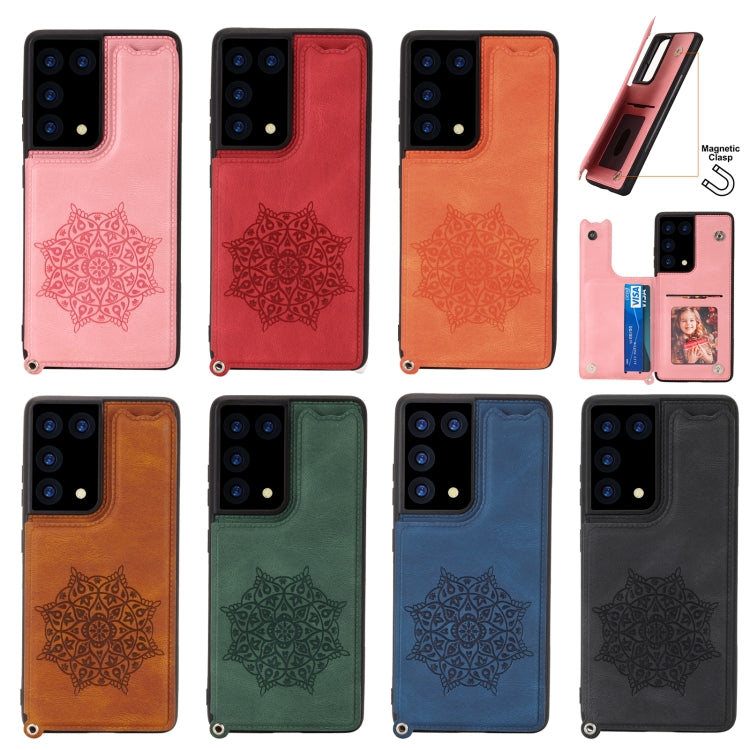 For Samsung Galaxy S21 Ultra 5G Mandala Embossed PU + TPU Case with Holder & Card Slots & Photo Frame & Strap