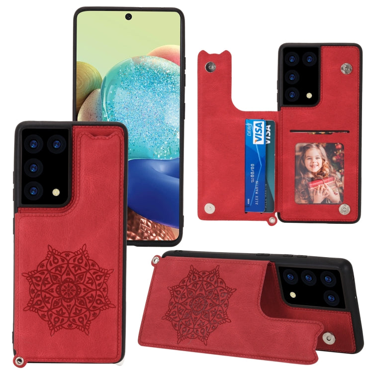 For Samsung Galaxy S21 Ultra 5G Mandala Embossed PU + TPU Case with Holder & Card Slots & Photo Frame & Strap