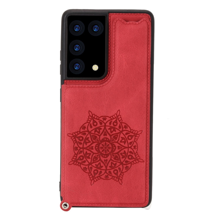 For Samsung Galaxy S21 Ultra 5G Mandala Embossed PU + TPU Case with Holder & Card Slots & Photo Frame & Strap