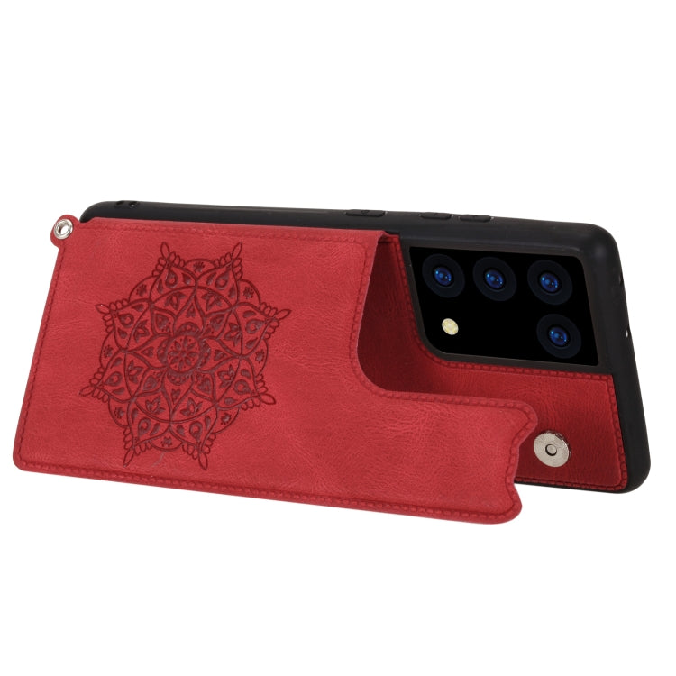 For Samsung Galaxy S21 Ultra 5G Mandala Embossed PU + TPU Case with Holder & Card Slots & Photo Frame & Strap