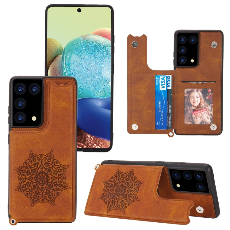 For Samsung Galaxy S21 Ultra 5G Mandala Embossed PU + TPU Case with Holder & Card Slots & Photo Frame & Strap