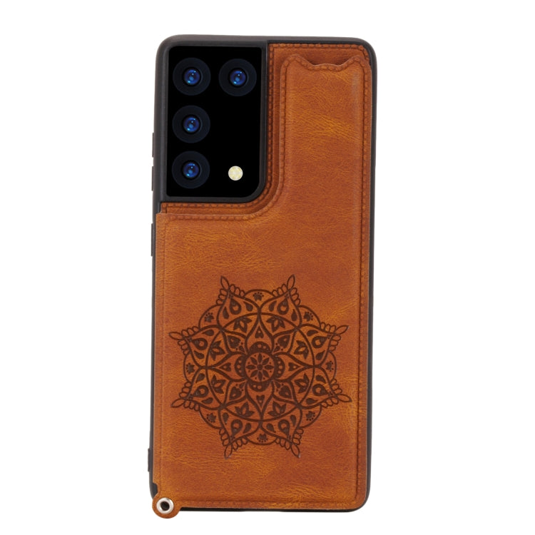 For Samsung Galaxy S21 Ultra 5G Mandala Embossed PU + TPU Case with Holder & Card Slots & Photo Frame & Strap