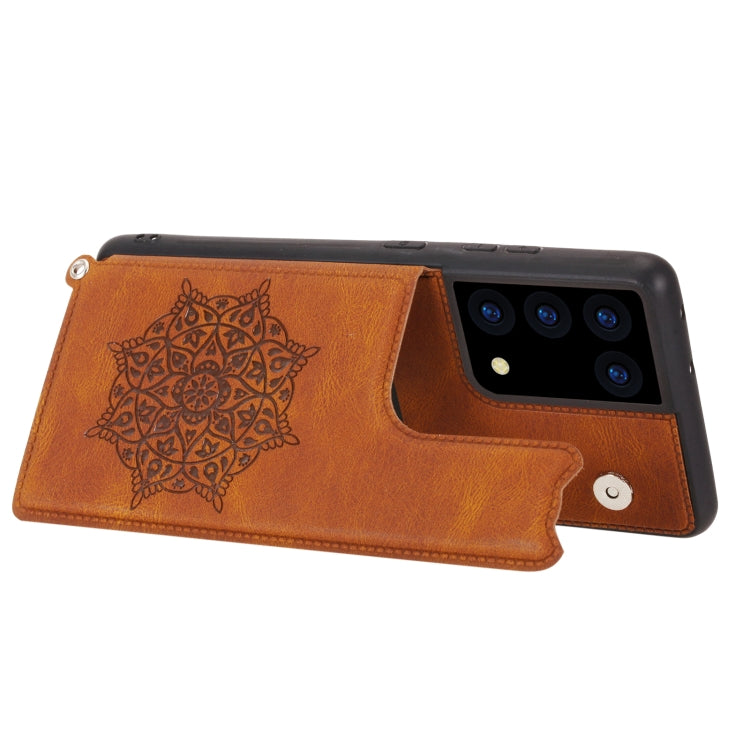 For Samsung Galaxy S21 Ultra 5G Mandala Embossed PU + TPU Case with Holder & Card Slots & Photo Frame & Strap