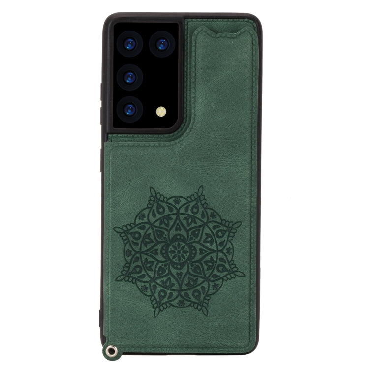 For Samsung Galaxy S21 Ultra 5G Mandala Embossed PU + TPU Case with Holder & Card Slots & Photo Frame & Strap