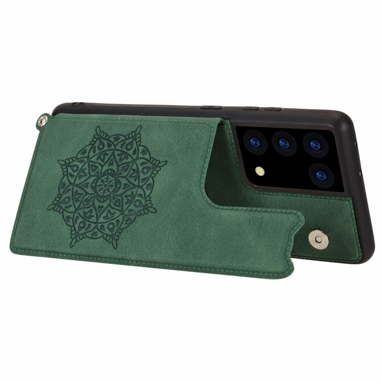 For Samsung Galaxy S21 Ultra 5G Mandala Embossed PU + TPU Case with Holder & Card Slots & Photo Frame & Strap