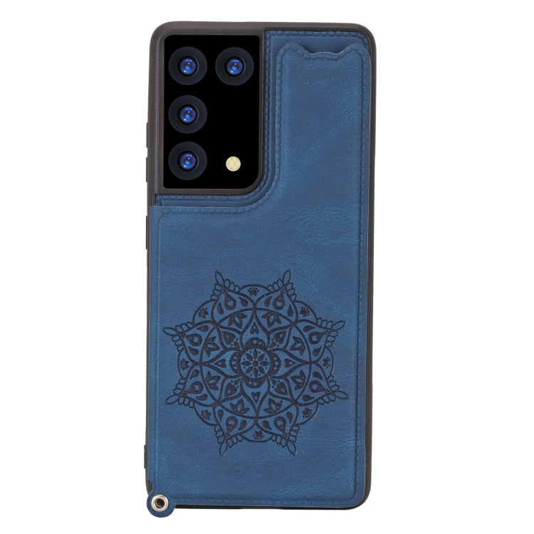 For Samsung Galaxy S21 Ultra 5G Mandala Embossed PU + TPU Case with Holder & Card Slots & Photo Frame & Strap