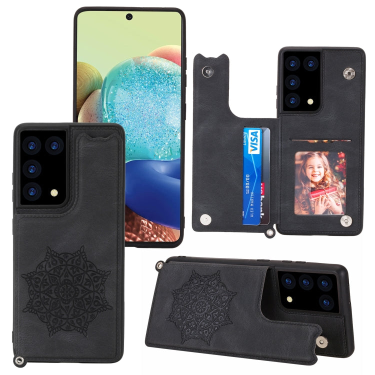 For Samsung Galaxy S21 Ultra 5G Mandala Embossed PU + TPU Case with Holder & Card Slots & Photo Frame & Strap