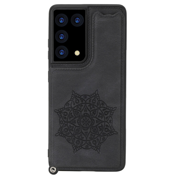 For Samsung Galaxy S21 Ultra 5G Mandala Embossed PU + TPU Case with Holder & Card Slots & Photo Frame & Strap