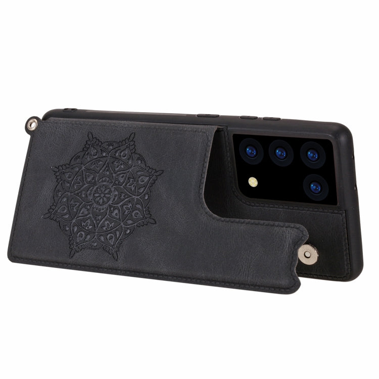 For Samsung Galaxy S21 Ultra 5G Mandala Embossed PU + TPU Case with Holder & Card Slots & Photo Frame & Strap