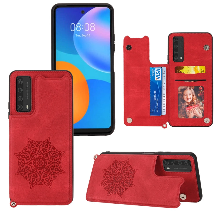 For Huawei Y7a Mandala Embossed PU + TPU Case with Holder & Card Slots & Photo Frame & Strap