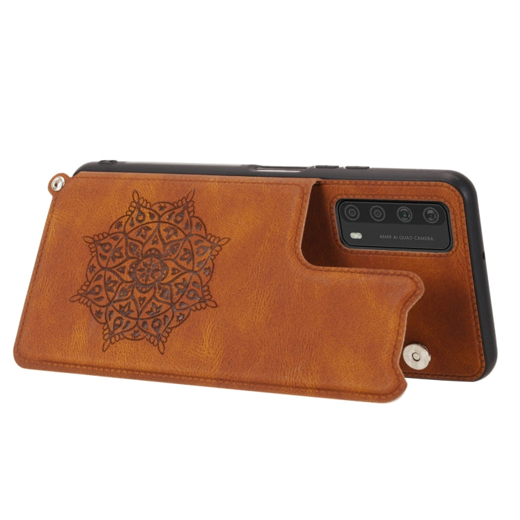 For Huawei Y7a Mandala Embossed PU + TPU Case with Holder & Card Slots & Photo Frame & Strap