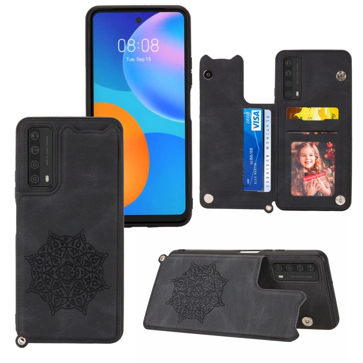 For Huawei Y7a Mandala Embossed PU + TPU Case with Holder & Card Slots & Photo Frame & Strap